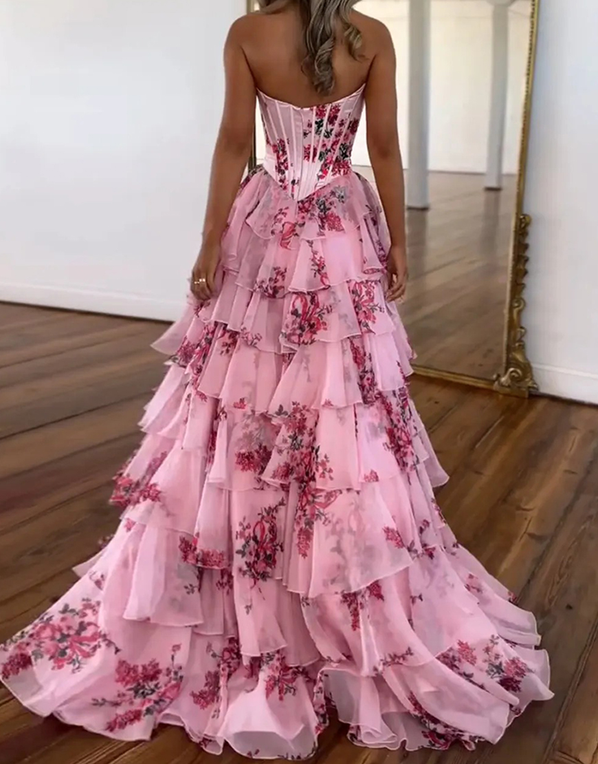 White Blue Floral Strapless Corset Ruffled Long Prom Dress with Slit