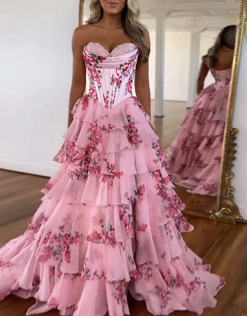 White Blue Floral Strapless Corset Ruffled Long Prom Dress with Slit