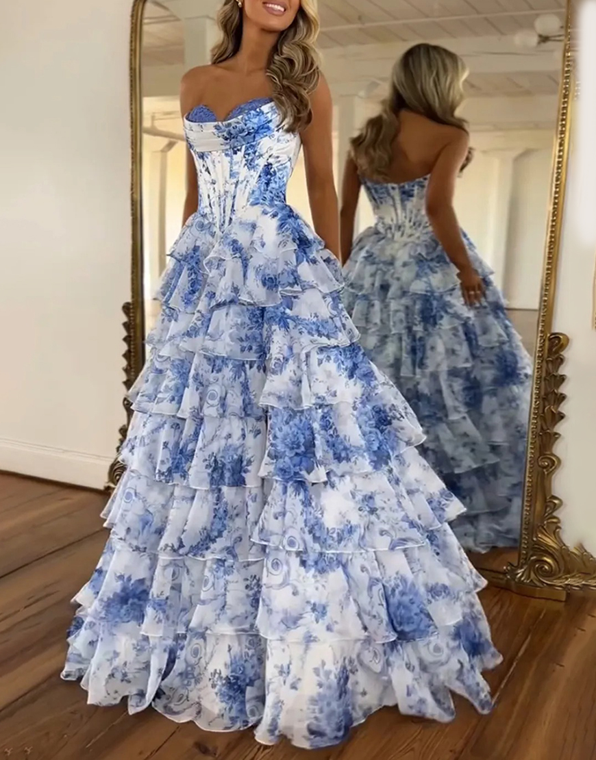 White Blue Floral Strapless Corset Ruffled Long Prom Dress with Slit