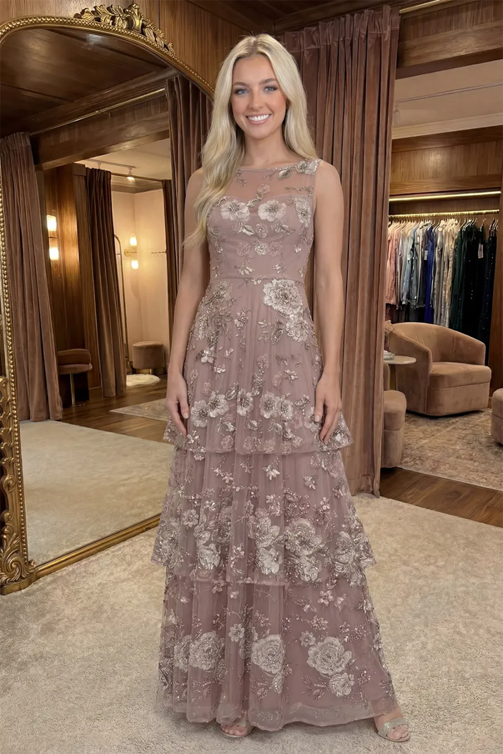 Berlinnova Women Sparkly Dusty Rose Beaded Floral Long Prom Dress with Sash Illusion Boat Neck Tulle A Line Gala Dress with Ruffles