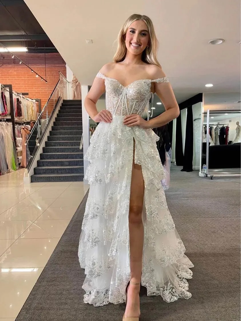 Sparkly Gold Off The Shoulder A-Line Prom Dress with Sequin And Split