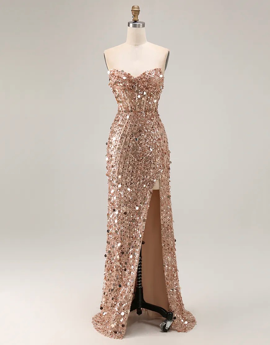 Sparkly Red Strapless Mermaid Sequin Long Corset Prom Dress with Slit