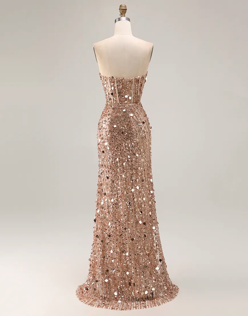 Sparkly Red Strapless Mermaid Sequin Long Corset Prom Dress with Slit