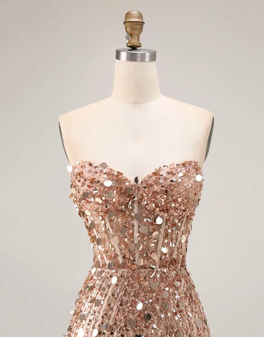 Sparkly Red Strapless Mermaid Sequin Long Corset Prom Dress with Slit