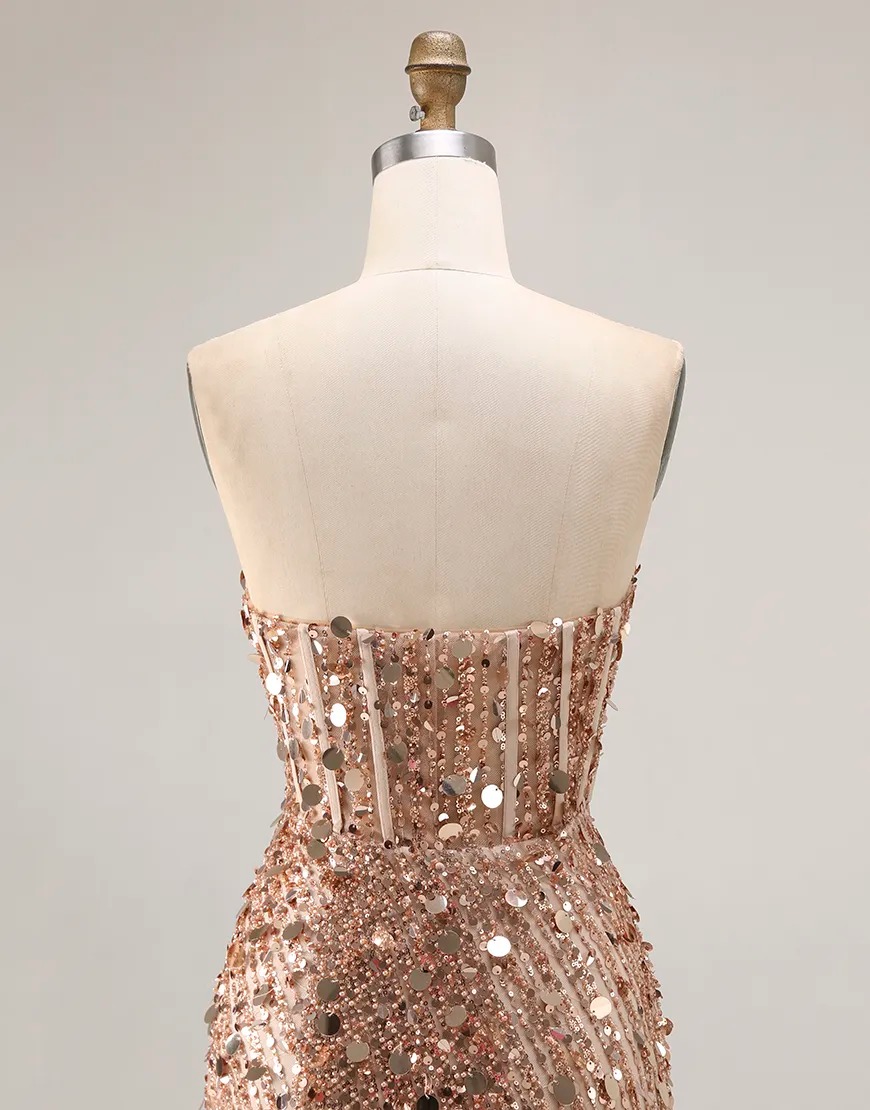 Sparkly Red Strapless Mermaid Sequin Long Corset Prom Dress with Slit