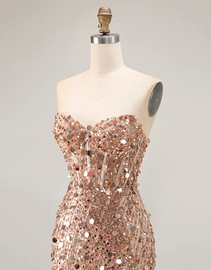 Sparkly Red Strapless Mermaid Sequin Long Corset Prom Dress with Slit