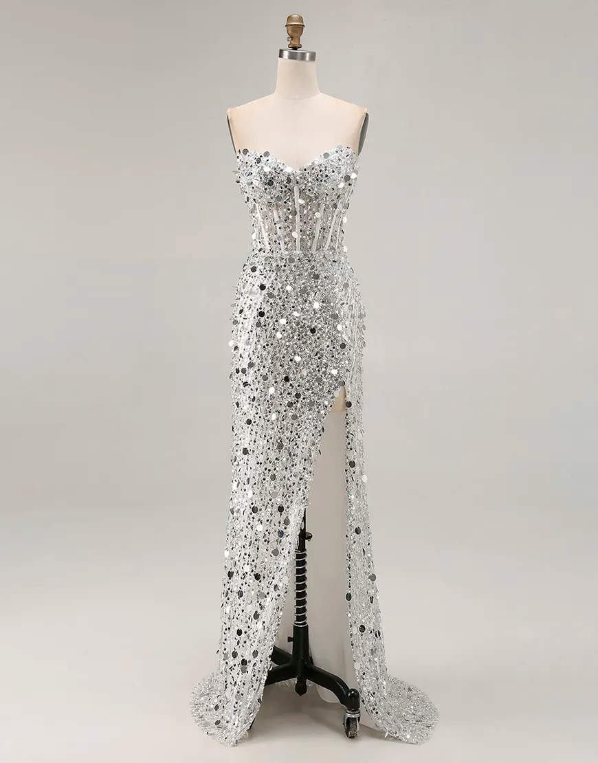 Sparkly Red Strapless Mermaid Sequin Long Corset Prom Dress with Slit