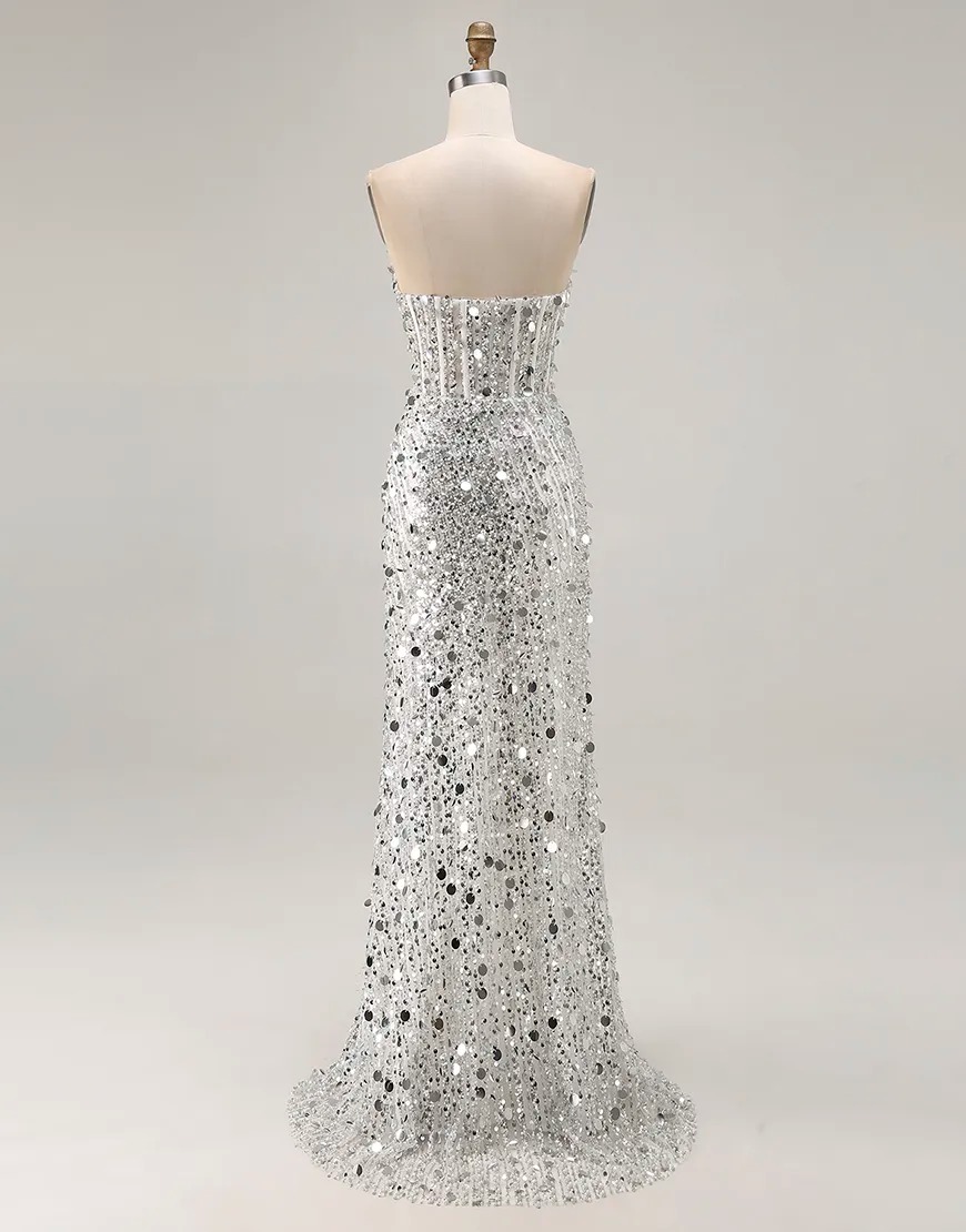 Sparkly Red Strapless Mermaid Sequin Long Corset Prom Dress with Slit