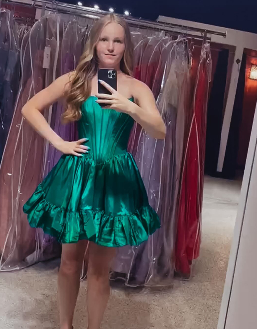 Turquoise Corset A Line Satin Short Homecoming Dress with Ruffles