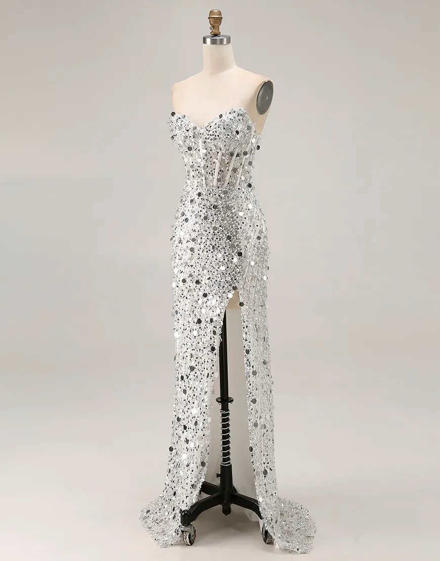 Sparkly Red Strapless Mermaid Sequin Long Corset Prom Dress with Slit