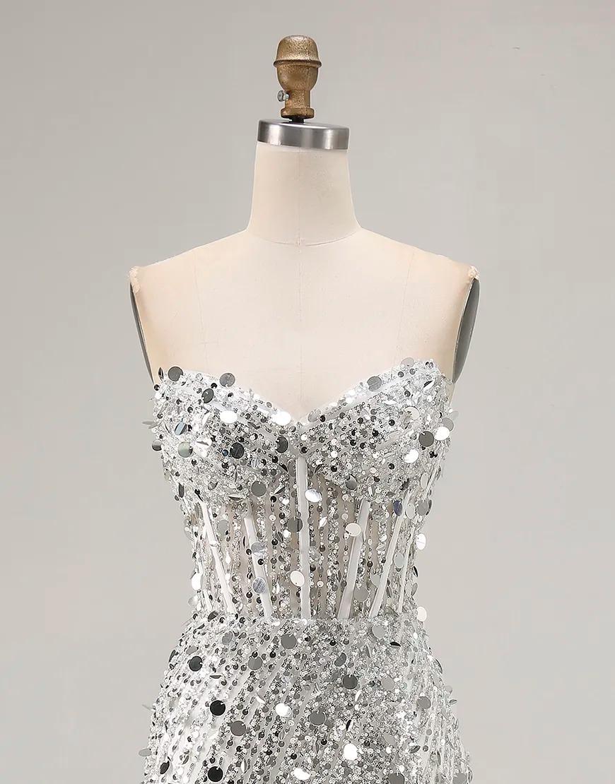 Sparkly Red Strapless Mermaid Sequin Long Corset Prom Dress with Slit