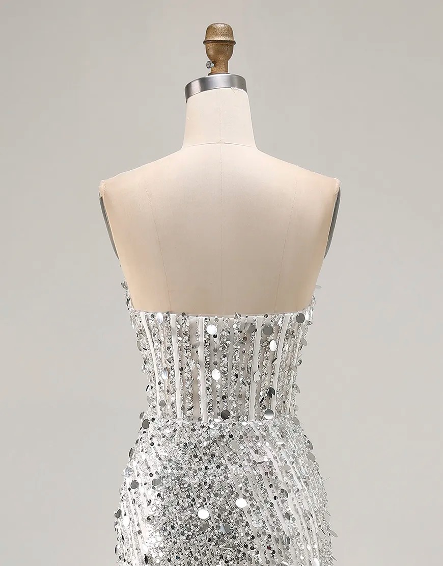 Sparkly Red Strapless Mermaid Sequin Long Corset Prom Dress with Slit