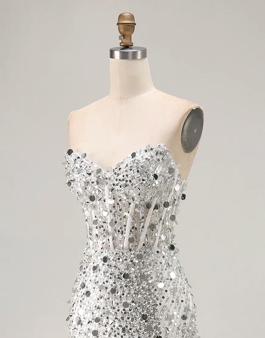 Sparkly Red Strapless Mermaid Sequin Long Corset Prom Dress with Slit