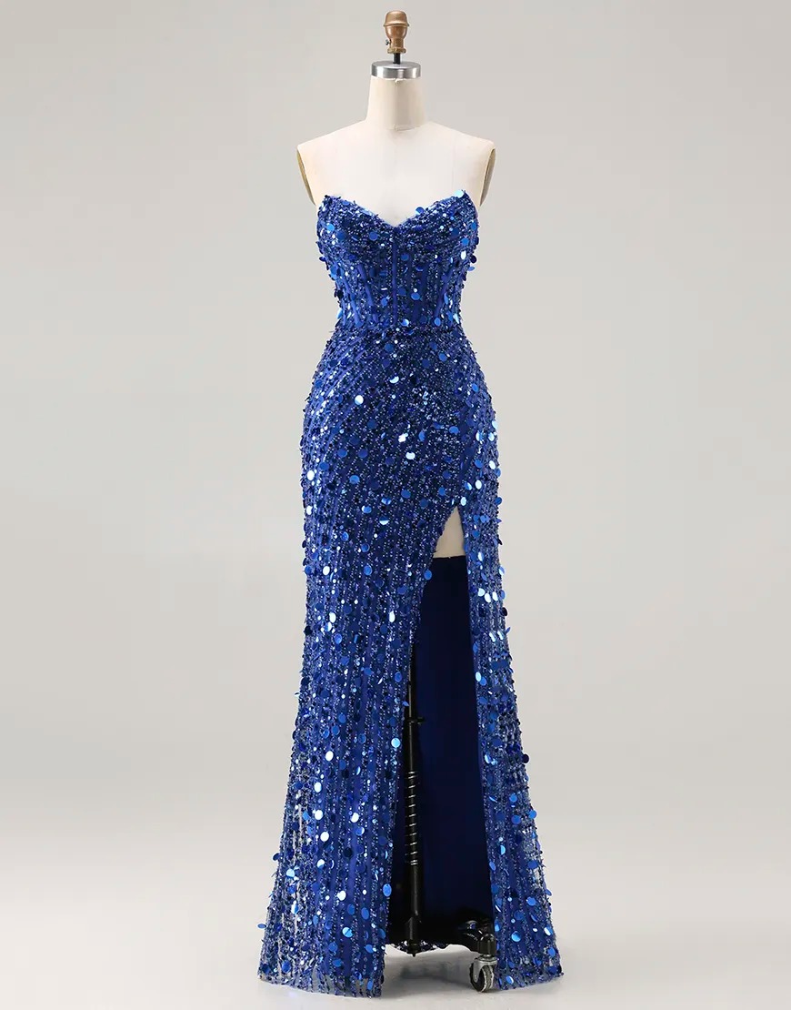 Sparkly Red Strapless Mermaid Sequin Long Corset Prom Dress with Slit