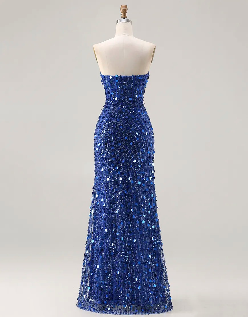 Sparkly Red Strapless Mermaid Sequin Long Corset Prom Dress with Slit