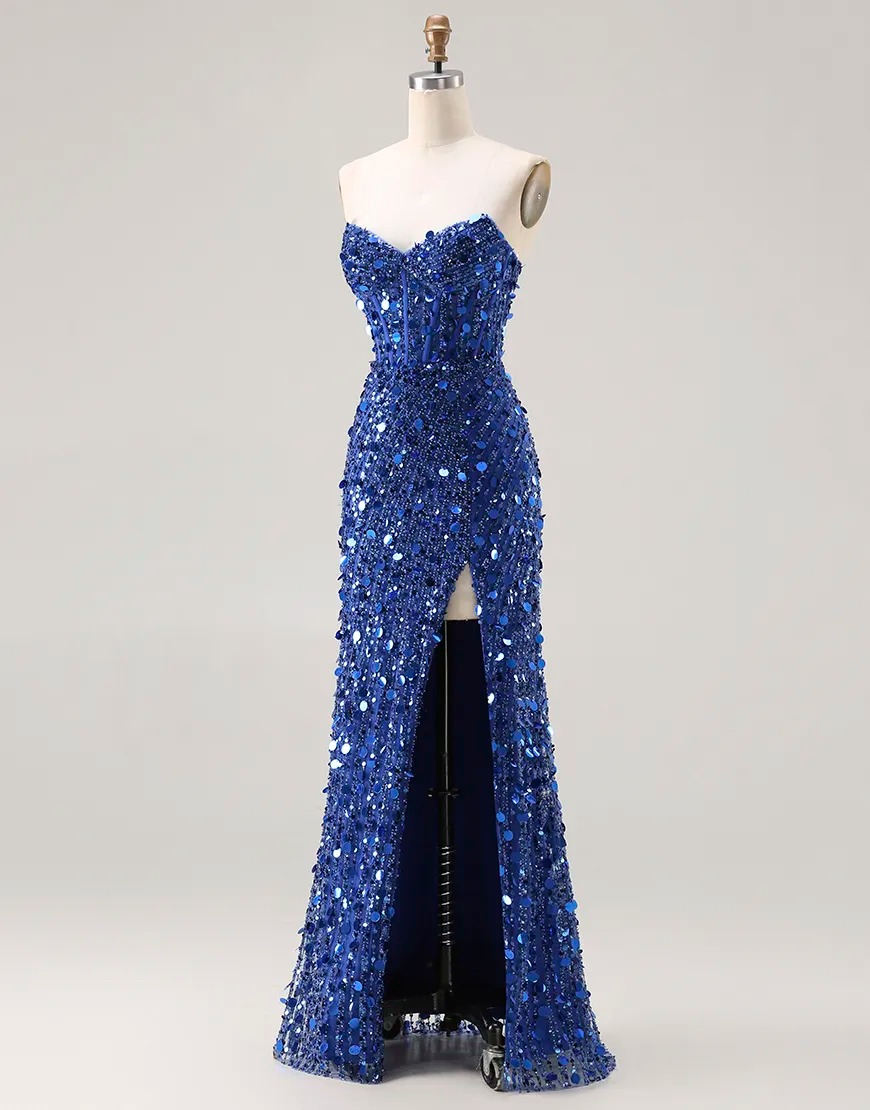 Sparkly Red Strapless Mermaid Sequin Long Corset Prom Dress with Slit