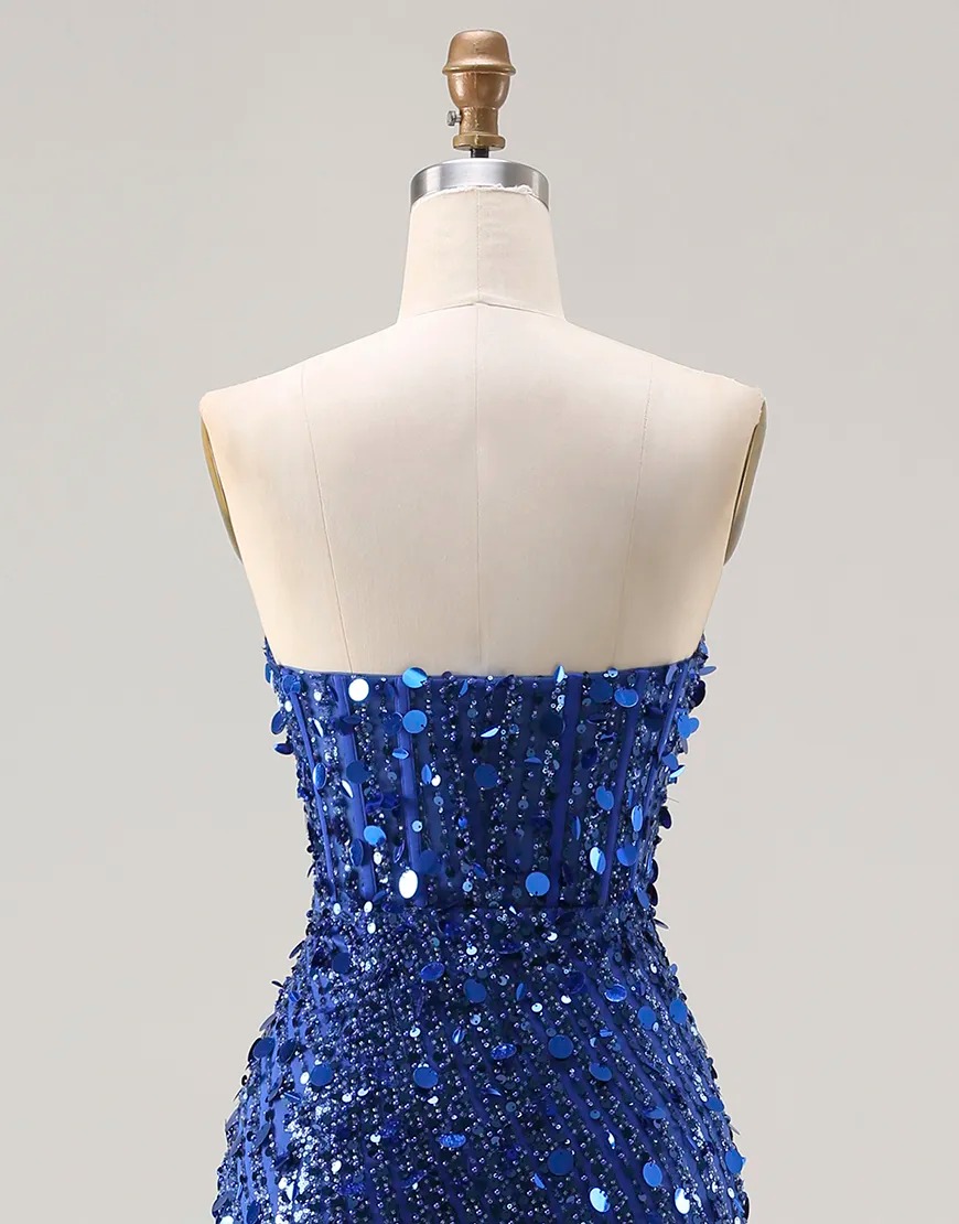 Sparkly Red Strapless Mermaid Sequin Long Corset Prom Dress with Slit