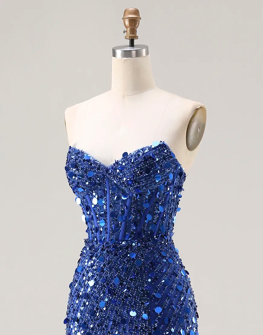 Sparkly Red Strapless Mermaid Sequin Long Corset Prom Dress with Slit