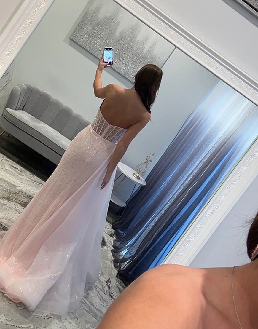 Sparkly Light Pink Floral Mermaid Corset Sequins Long Prom Dress with Side Cape