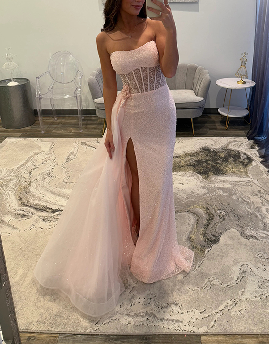 Sparkly Light Pink Floral Mermaid Corset Sequins Long Prom Dress with Side Cape