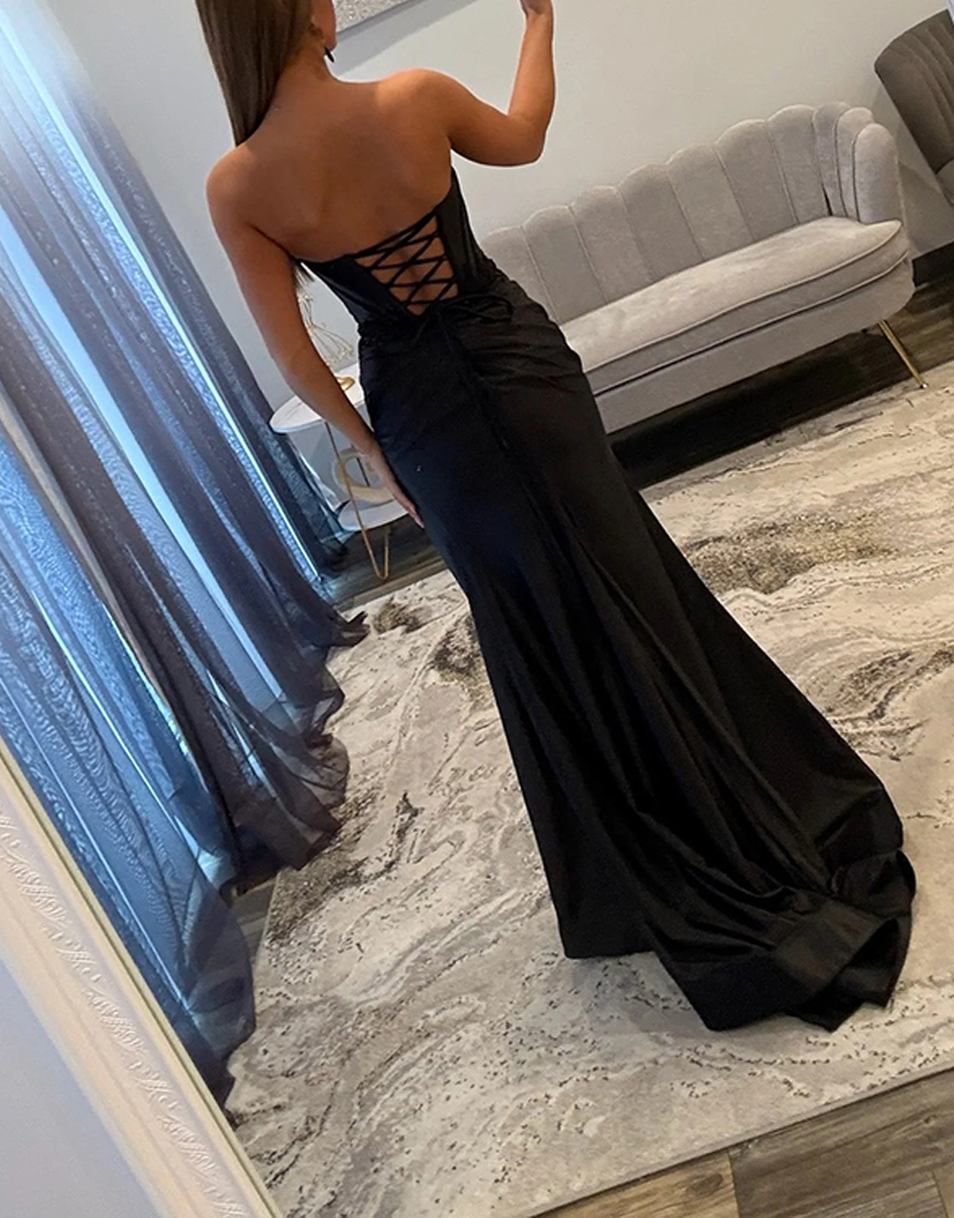 Black Satin Corset Sweetheart Mermaid Long Prom Dress with Slit