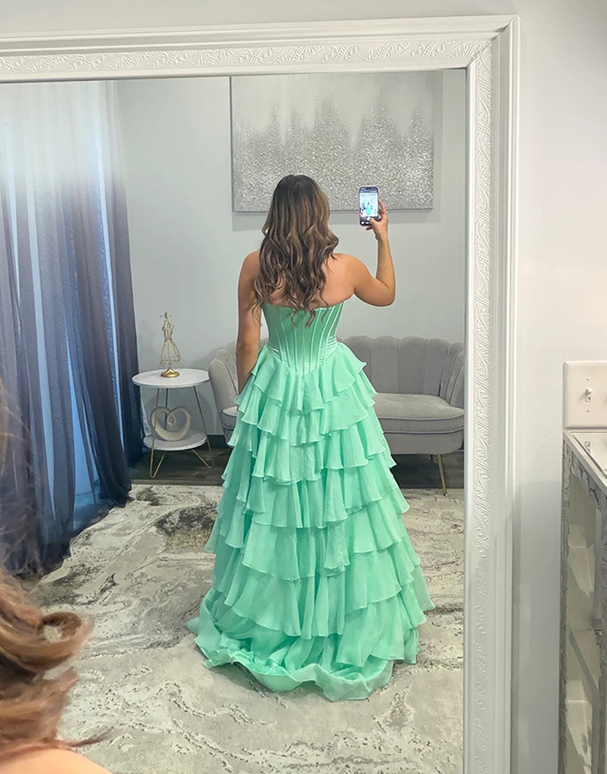 Green Corset Ball Gown Chiffon Sweetheart Ruffled Long Prom Dress with Slit