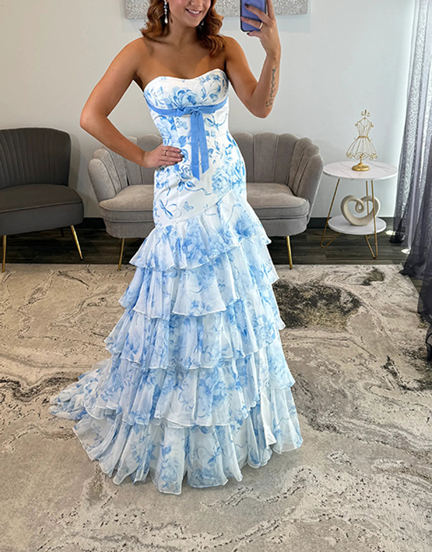 Blue Flower Mermaid Sweetheart Ruffled Long Prom Dress with Bow