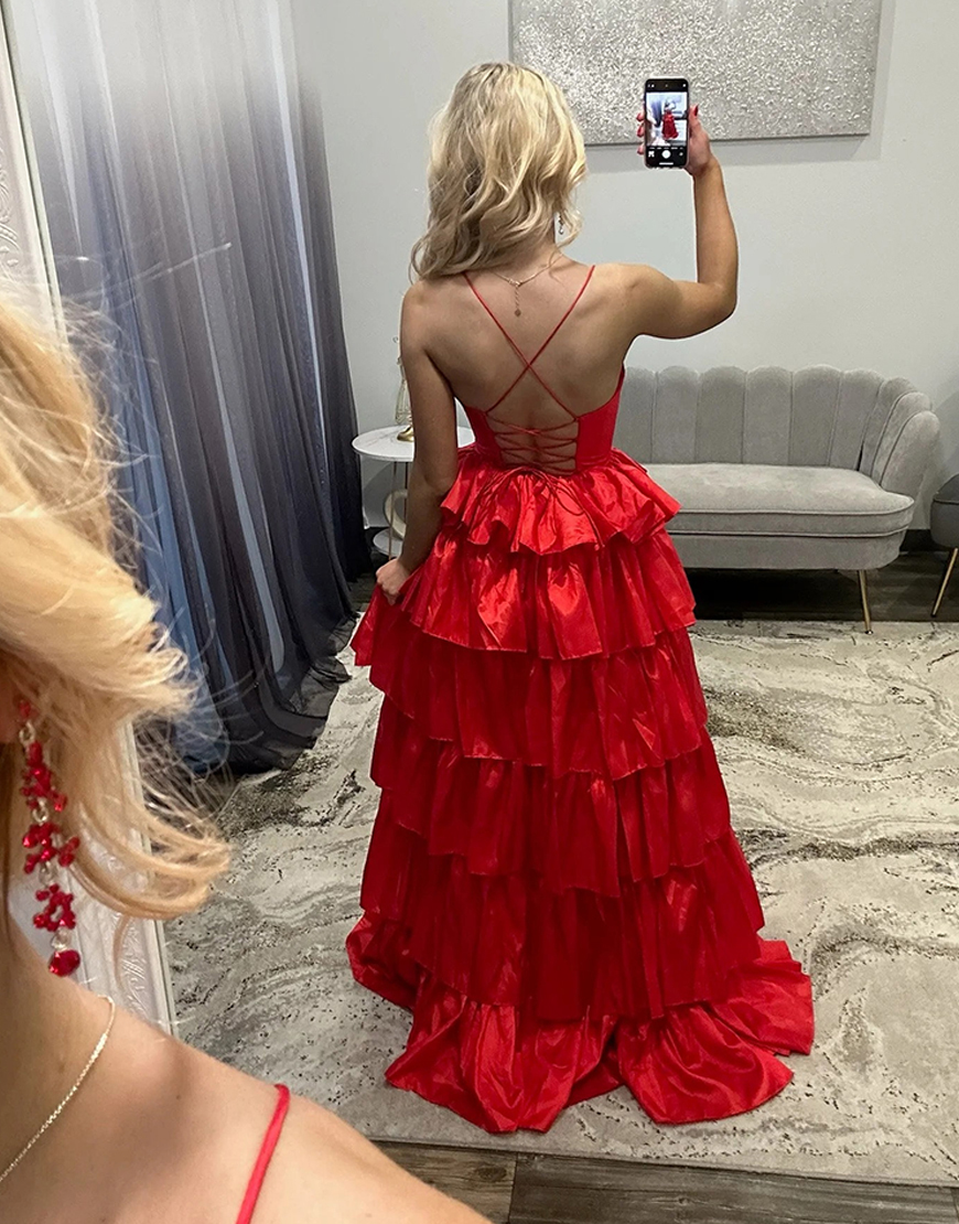 Red Ruffled Spaghetti Straps Tiered Long Prom Dress with Slit