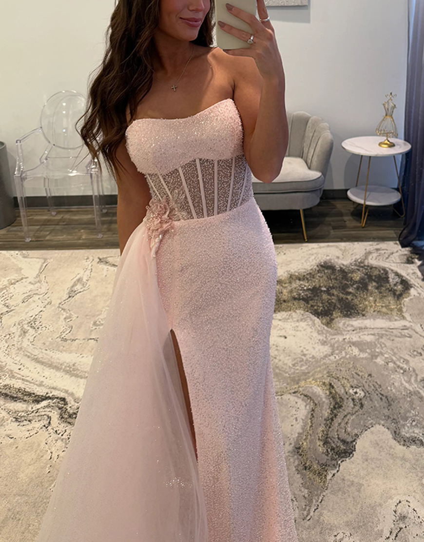 Sparkly Light Pink Floral Mermaid Corset Sequins Long Prom Dress with Side Cape