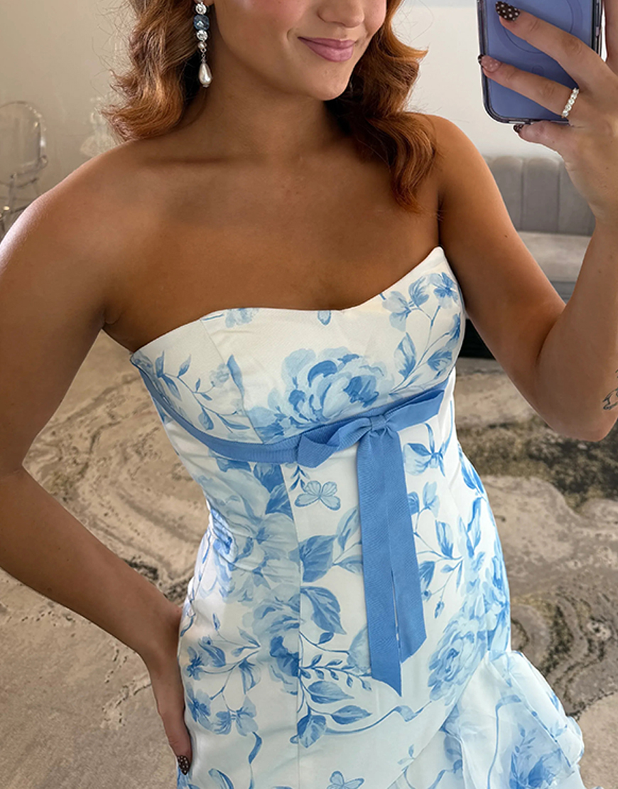 Blue Flower Mermaid Sweetheart Ruffled Long Prom Dress with Bow