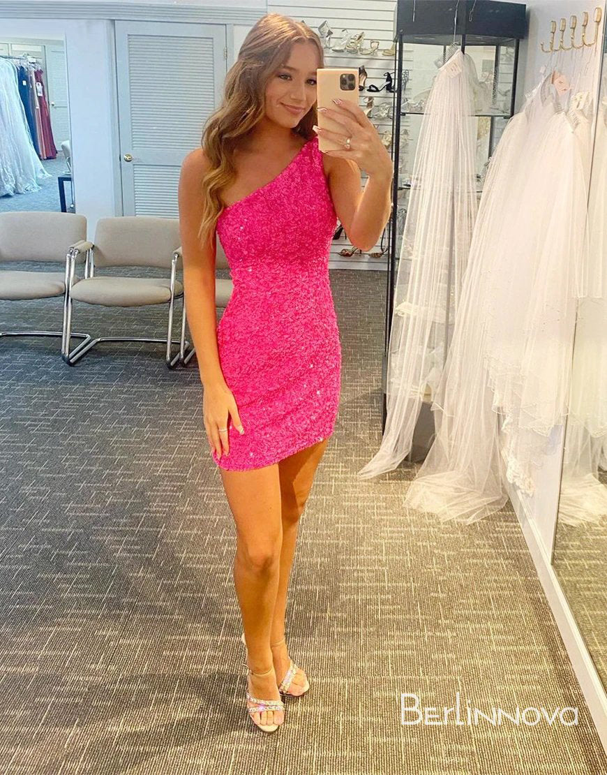 Glitter One-Shoulder Hot Pink Homecoming Dress With Sequins