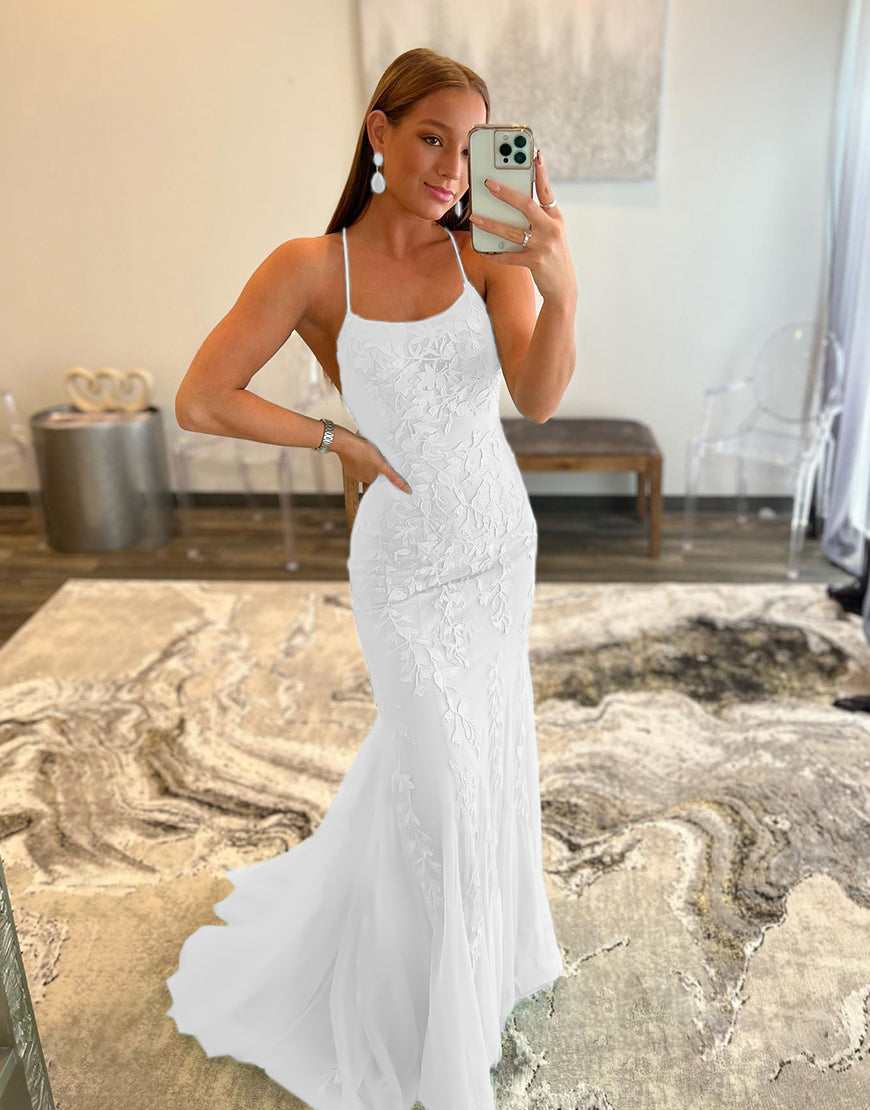Mermaid White Long Prom Dress Backless Evening Dress