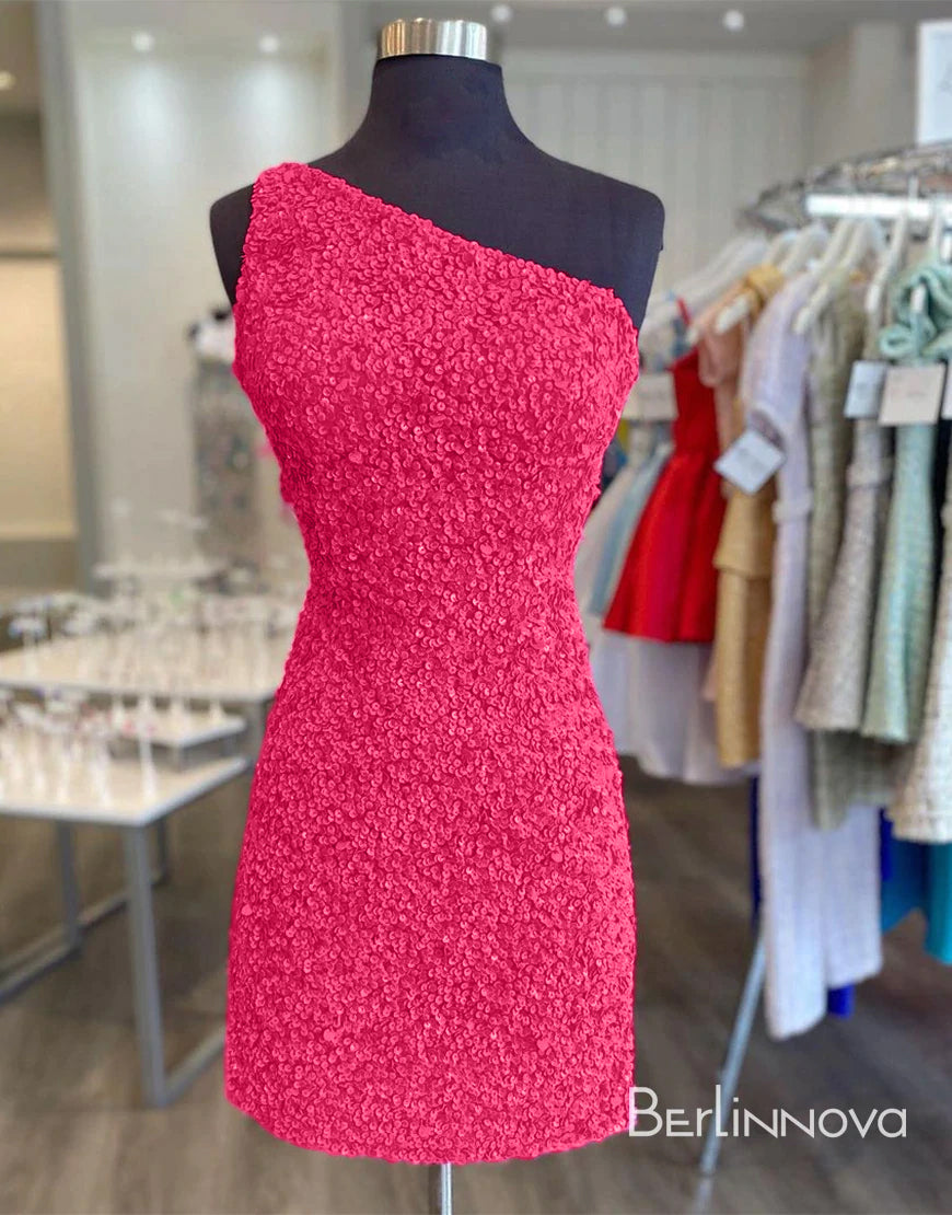 Glitter One-Shoulder Hot Pink Sequins Homecoming Dress