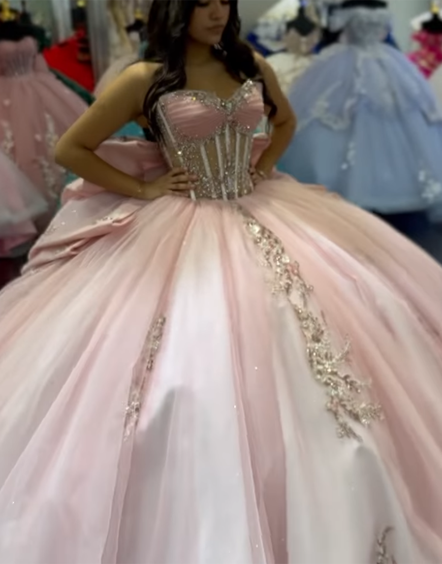 Sparkly Blush Off The Shoulder Beaded Appliques Tulle Quinceanera Dress With Bow