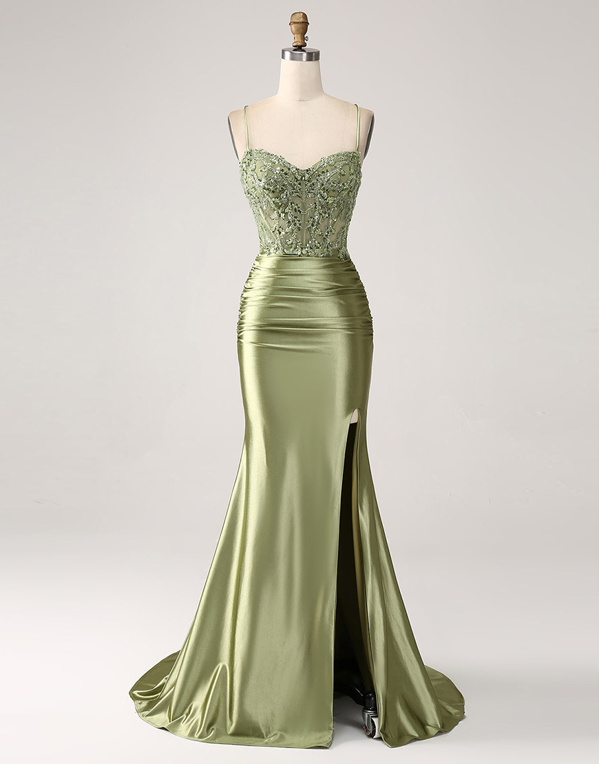Sparkly Sage Mermaid Spaghetti Straps Appliques Corset Long Prom Dress with Slit