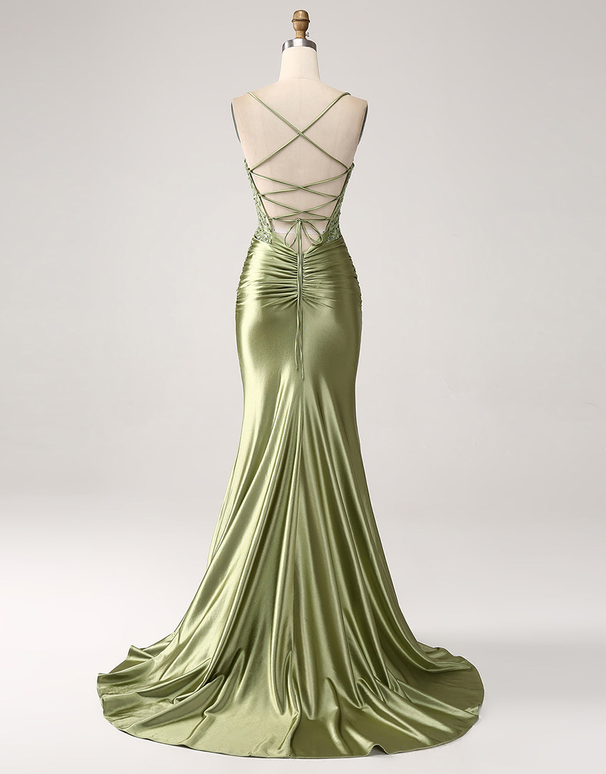 Sparkly Sage Mermaid Spaghetti Straps Appliques Corset Long Prom Dress with Slit
