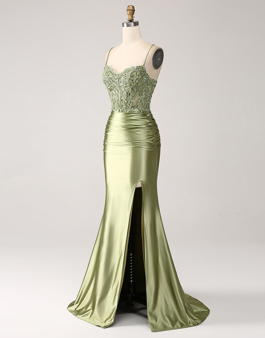 Sparkly Sage Mermaid Spaghetti Straps Appliques Corset Long Prom Dress with Slit