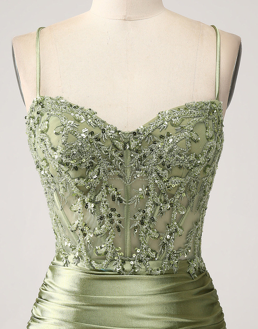 Sparkly Sage Mermaid Spaghetti Straps Appliques Corset Long Prom Dress with Slit