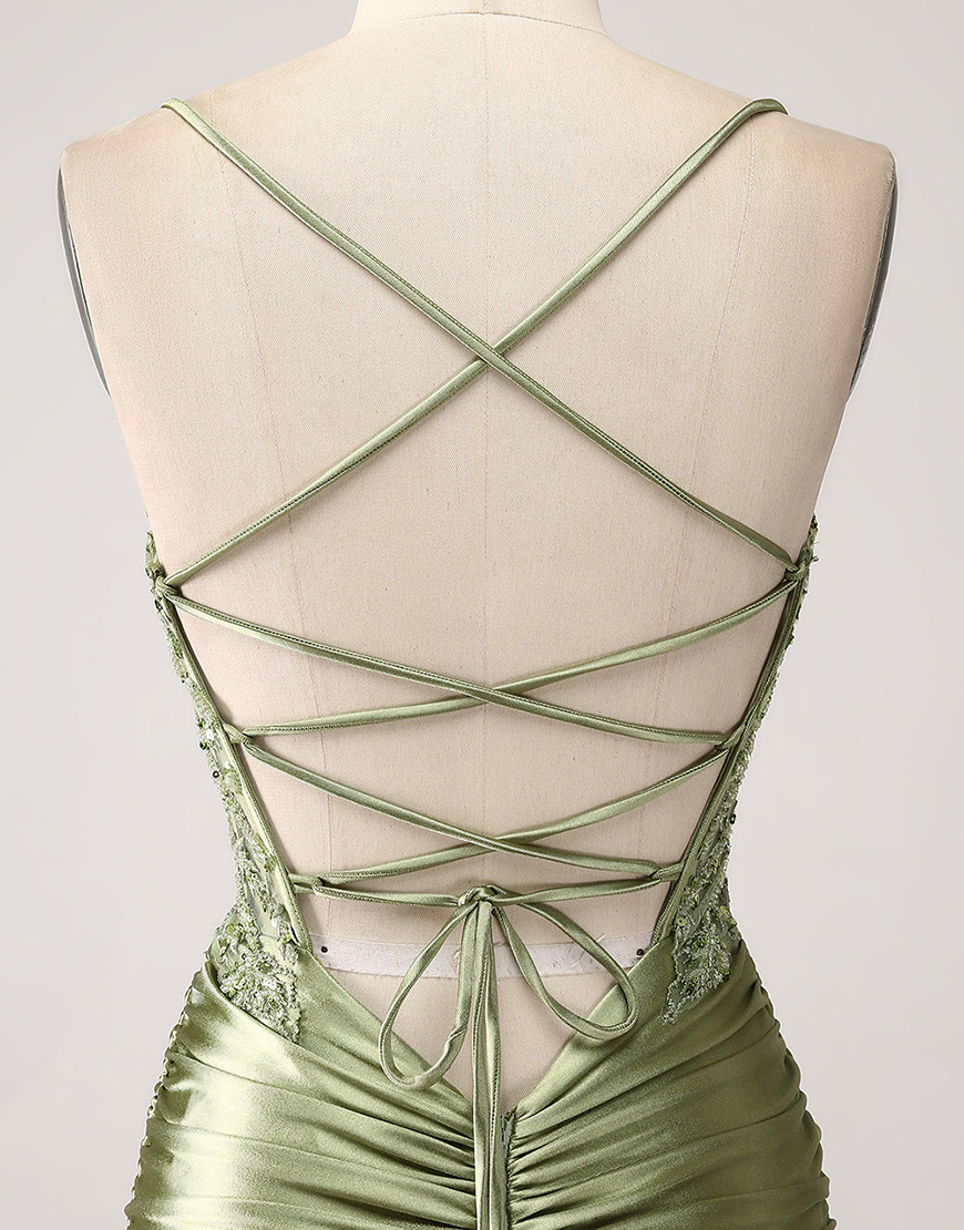 Sparkly Sage Mermaid Spaghetti Straps Appliques Corset Long Prom Dress with Slit