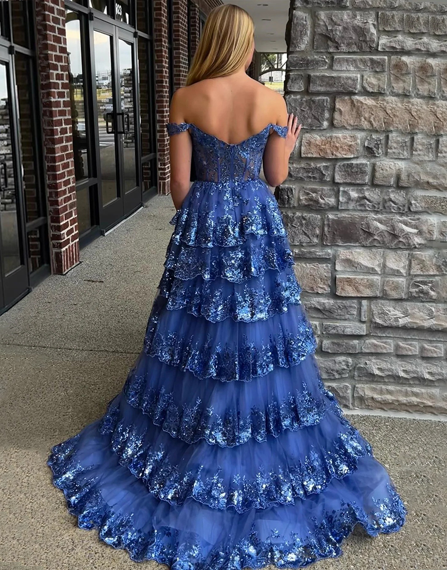 Sparkly Gold Off The Shoulder A-Line Prom Dress with Sequin And Split