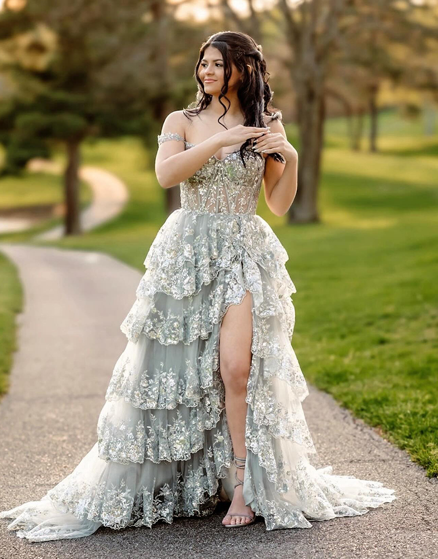 Sparkly Gold Off The Shoulder A-Line Prom Dress with Sequin And Split