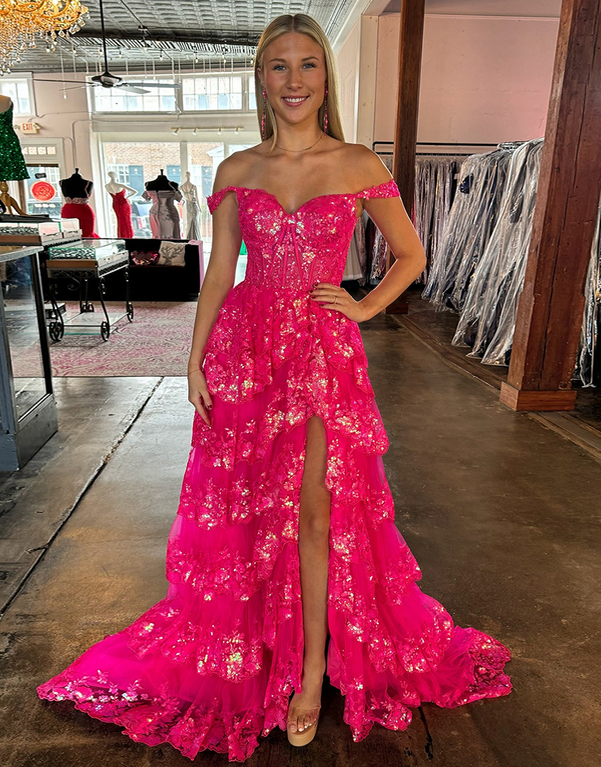 Gorgeous Black Golden A-Line Off The Shoulder Ruffles Prom Dress With Slit