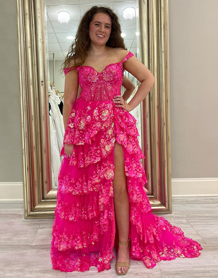 Gorgeous Black Golden A-Line Off The Shoulder Ruffles Prom Dress With Slit