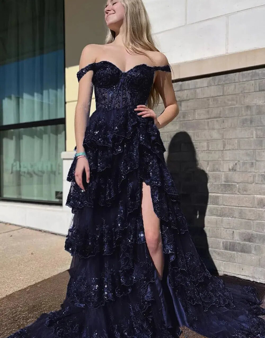 Sparkly Gold Off The Shoulder A-Line Prom Dress with Sequin And Split