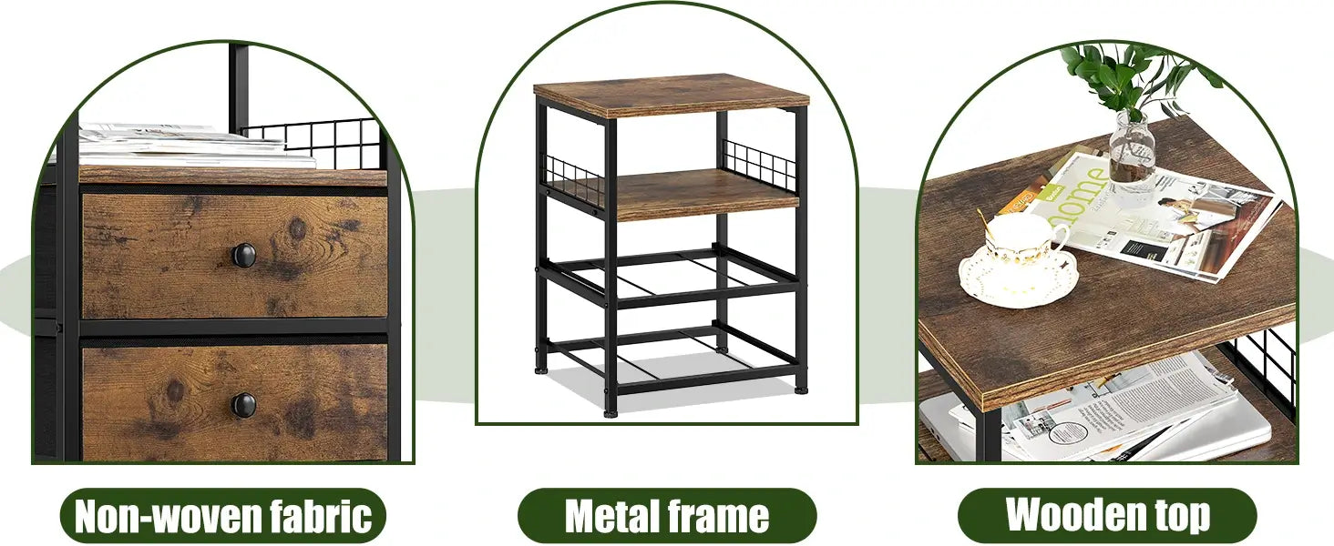 Enhomee rustic brown nightstand set details