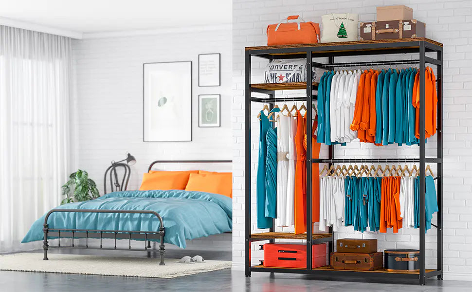 Raybee stand up clothes rack with wooden shelves for pantry