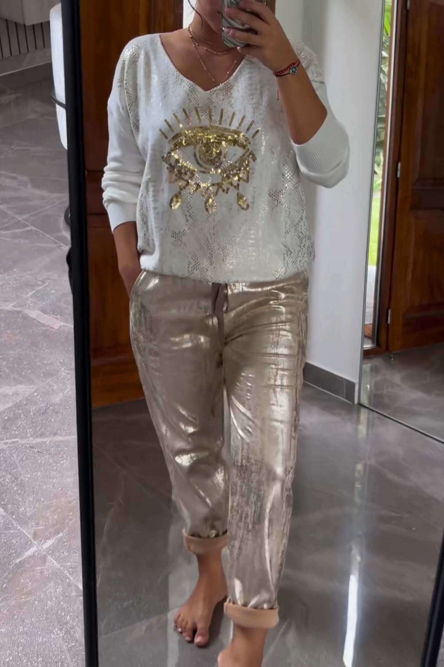 Fashionable Sequin Top And Bronzing Trousers Two-piece Set
