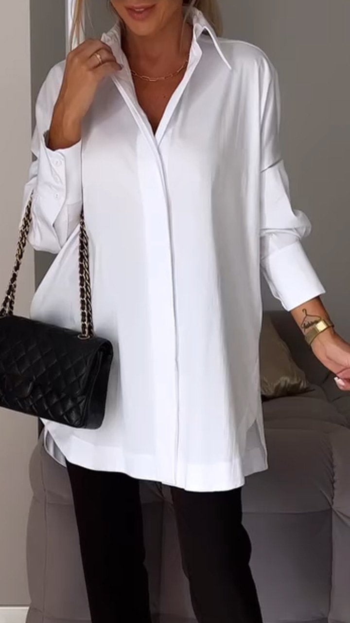 White Lapel Slit Shirt-glamourty