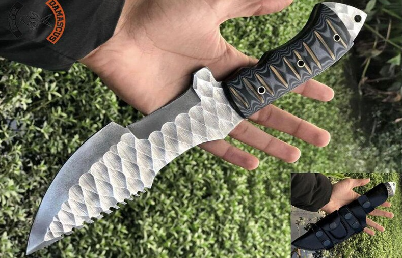 Kézzel készített damaszkuszi acél kés: G10 markolat, (bőr tok) ✨