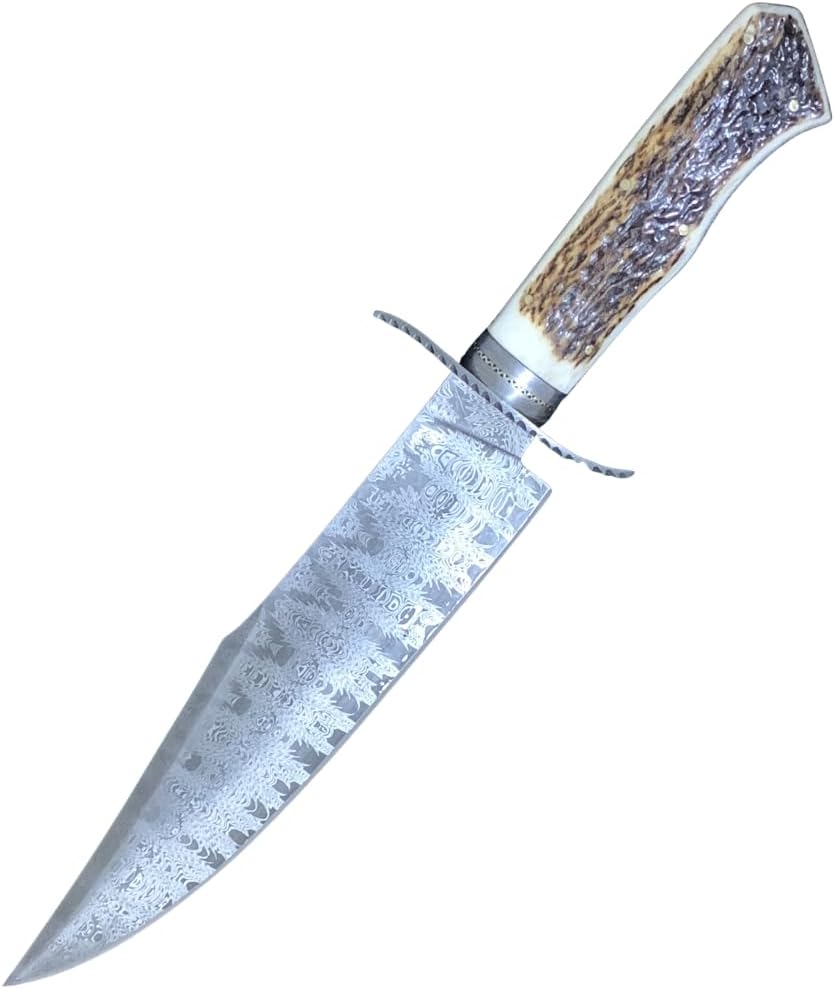 🔥 Damaszkuszi acél Bowie kés, kézzel készített (bőrtokkal)